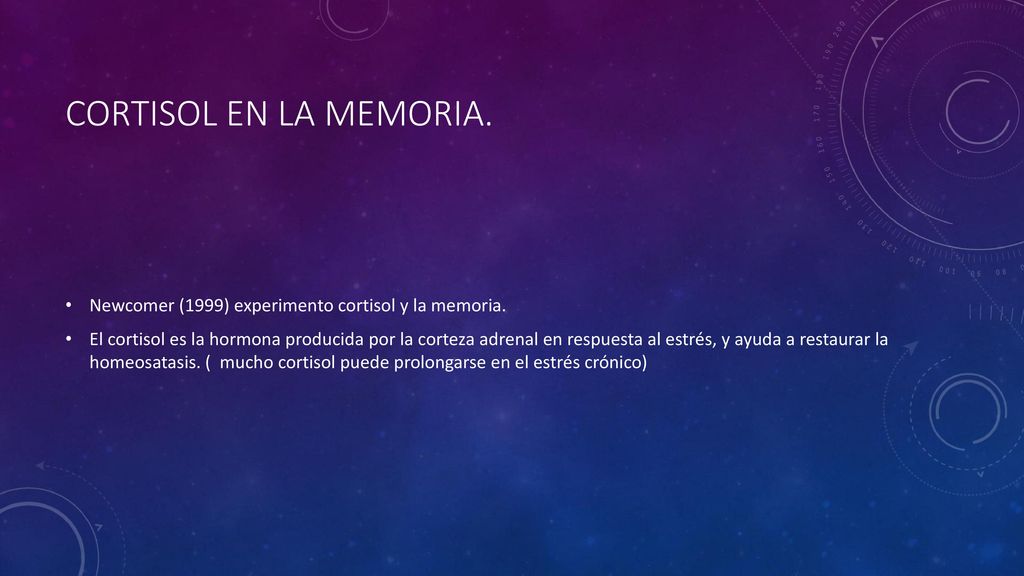 Cortisol en la memoria. Newcomer (1999) experimento cortisol y la memoria.