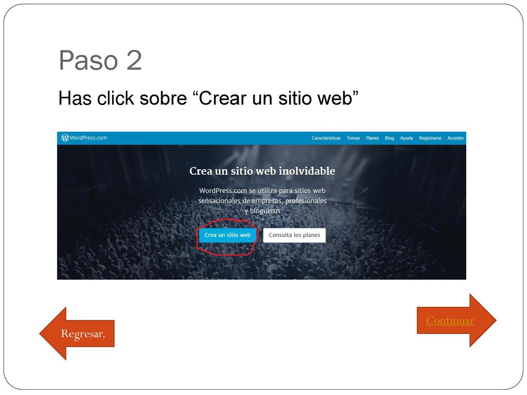Paso 2 Has click sobre Crear un sitio web Continuar Regresar.