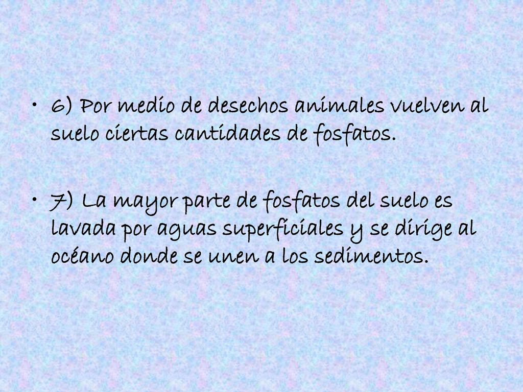 6) Por medio de desechos animales vuelven al suelo ciertas cantidades de fosfatos.
