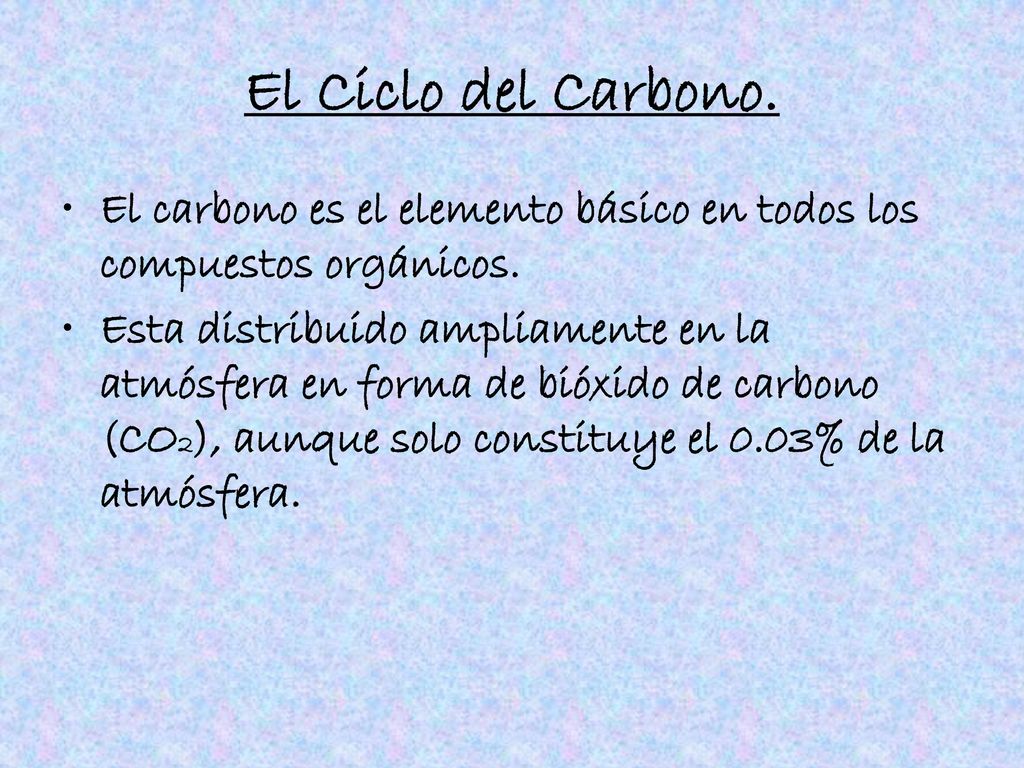 El Ciclo del Carbono. El carbono es el elemento básico en todos los compuestos orgánicos.