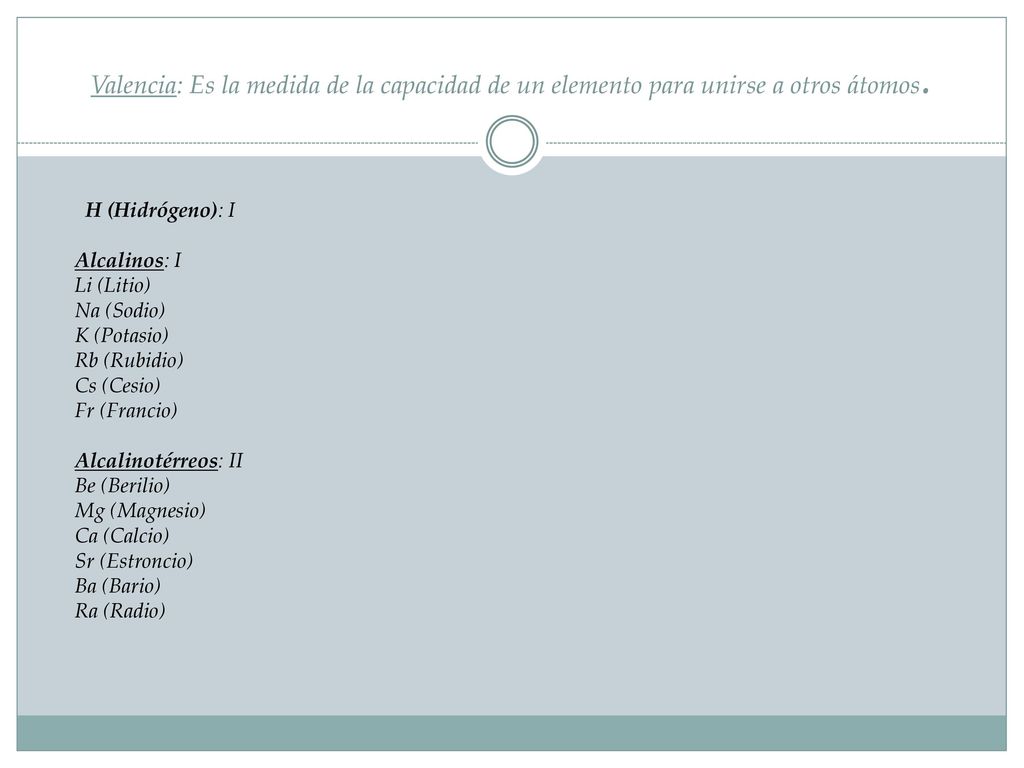 H (Hidrógeno): I Alcalinos: I Li (Litio) Na (Sodio) K (Potasio)