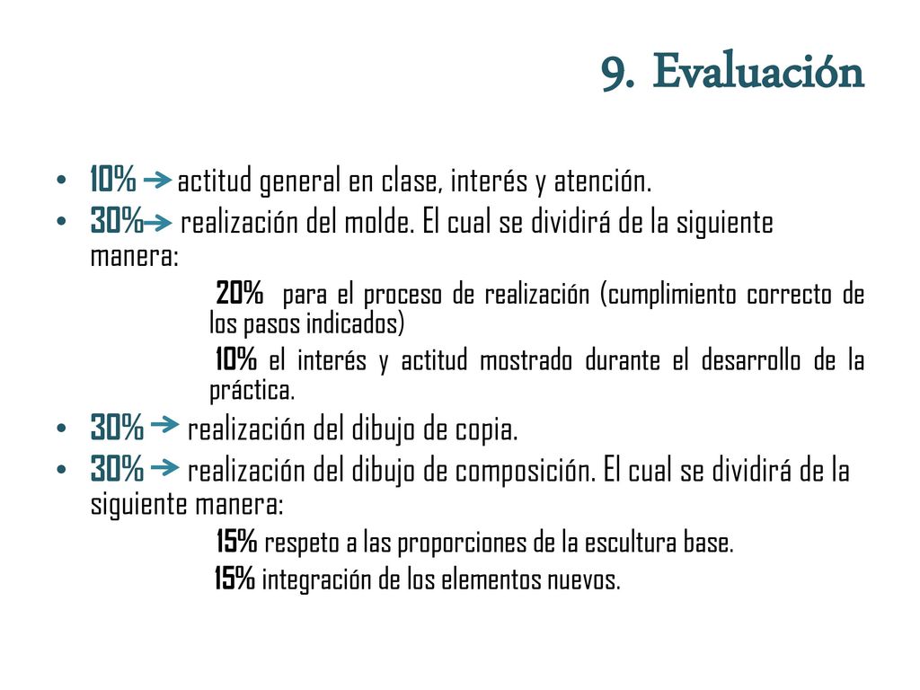 9. Evaluación 10% actitud general en clase, interés y atención.
