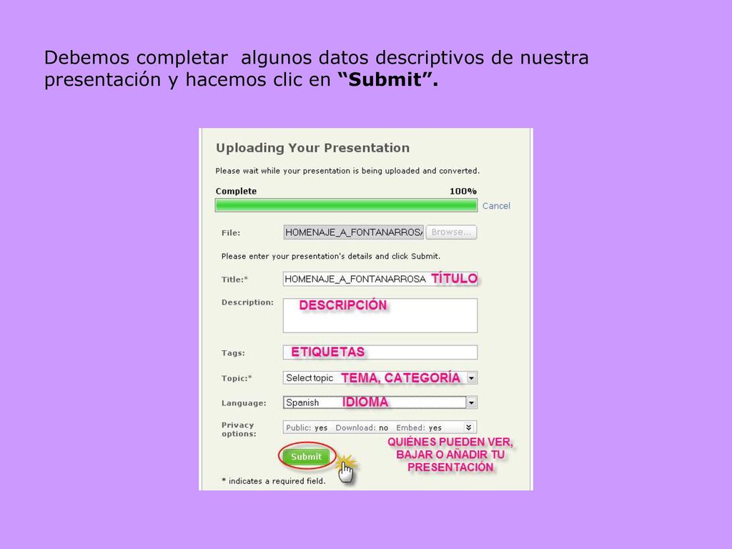 Debemos completar algunos datos descriptivos de nuestra presentación y hacemos clic en Submit .