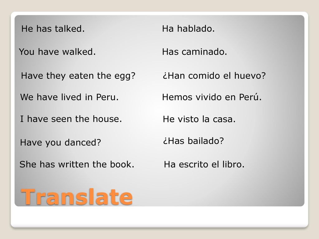 Translate He has talked. Ha hablado. You have walked. Has caminado.