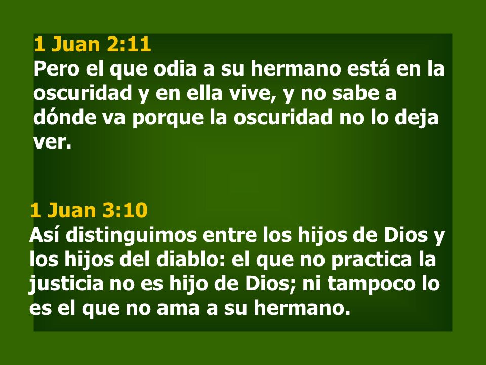 1 Juan 2:11 Pero el que odia a su hermano está en la oscuridad y en ella vive, y no sabe a dónde va porque la oscuridad no lo deja ver.