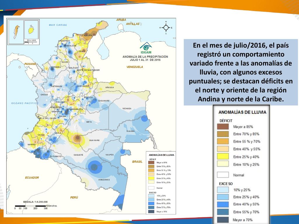 En el mes de julio/2016, el país registró un comportamiento variado frente a las anomalías de lluvia, con algunos excesos puntuales; se destacan déficits en el norte y oriente de la región Andina y norte de la Caribe.