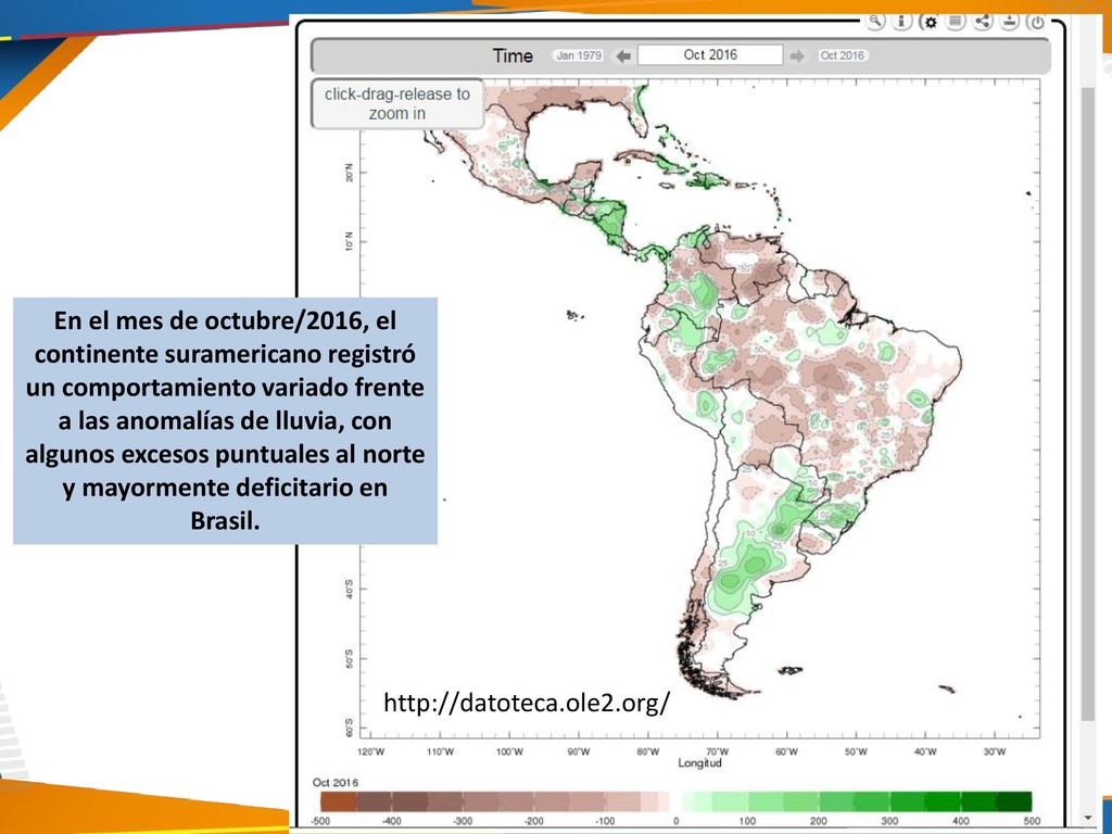 En el mes de octubre/2016, el continente suramericano registró un comportamiento variado frente a las anomalías de lluvia, con algunos excesos puntuales al norte y mayormente deficitario en Brasil.