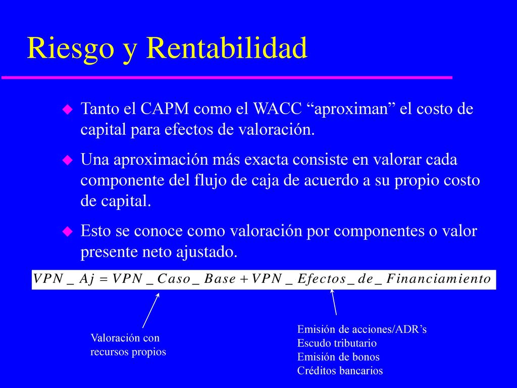 Riesgo y Rentabilidad Tanto el CAPM como el WACC aproximan el costo de capital para efectos de valoración.