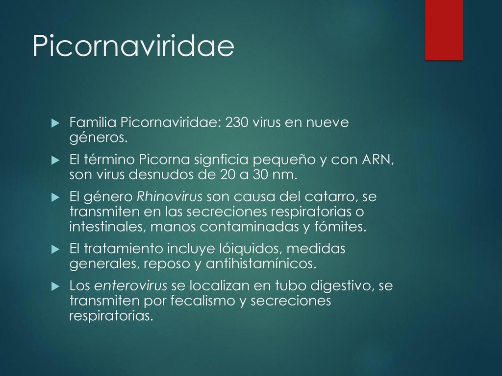 Picornaviridae Familia Picornaviridae: 230 virus en nueve géneros.