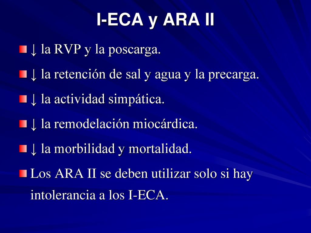 I-ECA y ARA II ↓ la RVP y la poscarga.