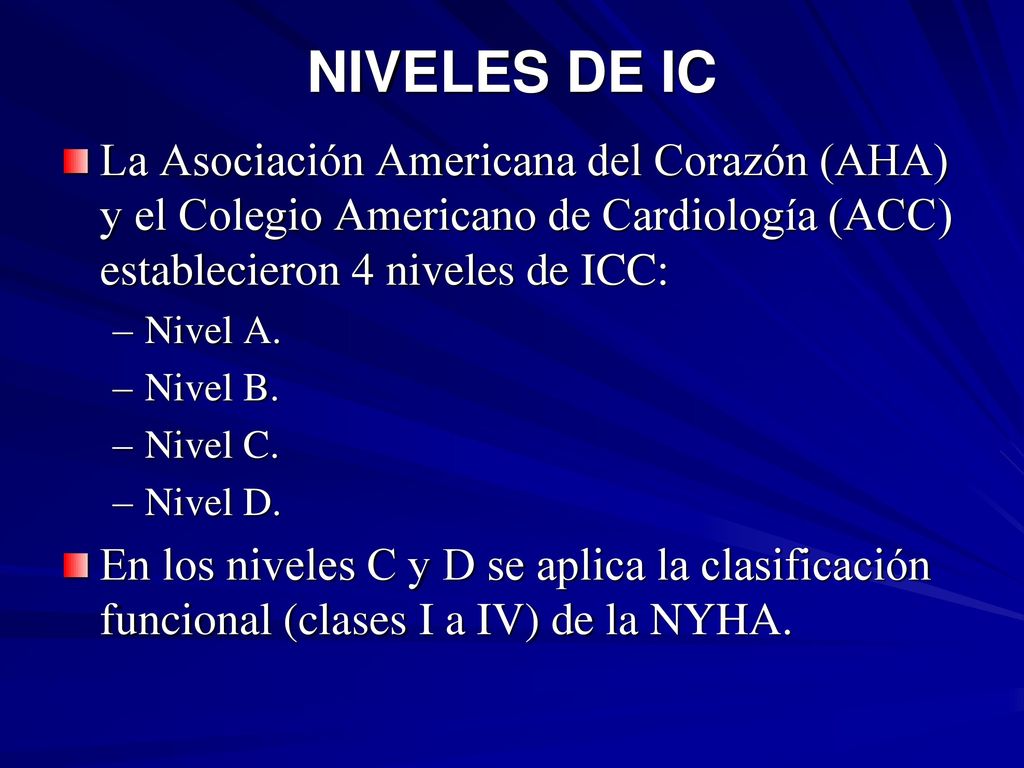 NIVELES DE IC La Asociación Americana del Corazón (AHA) y el Colegio Americano de Cardiología (ACC) establecieron 4 niveles de ICC: