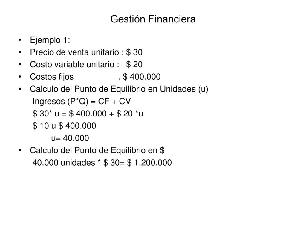 Gestión Financiera Ejemplo 1: Precio de venta unitario : $ 30