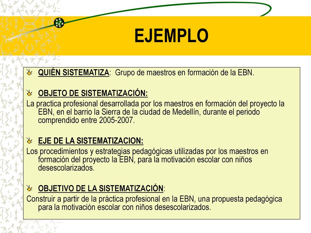 EJEMPLO QUIÉN SISTEMATIZA: Grupo de maestros en formación de la EBN.
