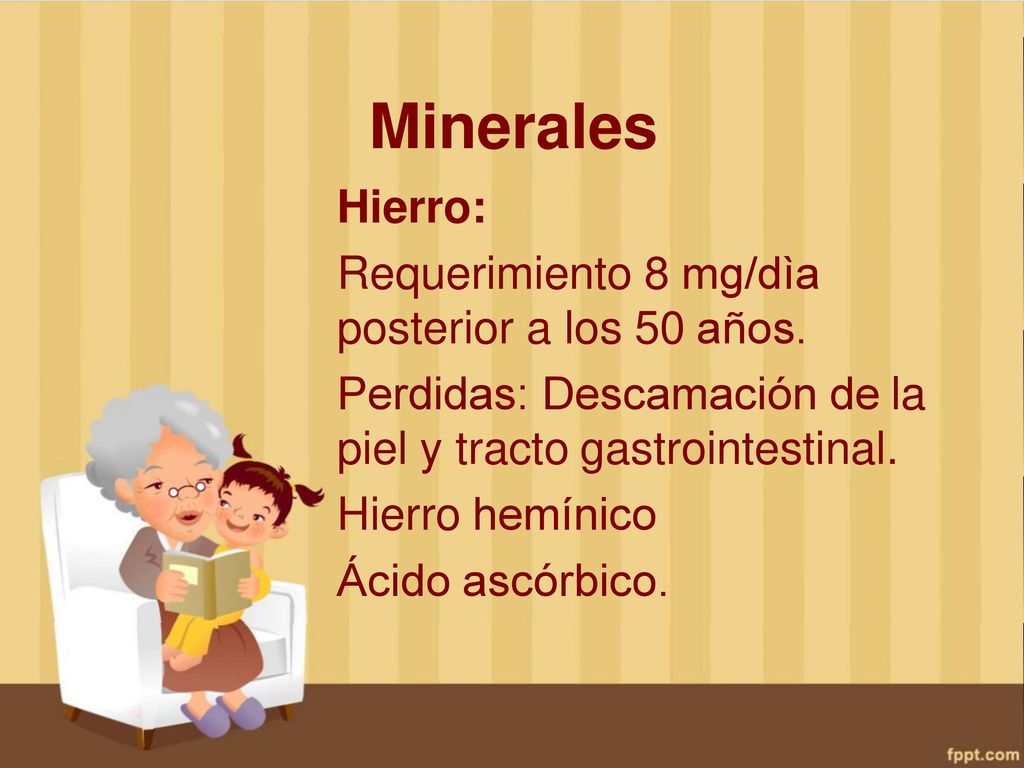 Minerales Hierro: Requerimiento 8 mg/dìa posterior a los 50 años.