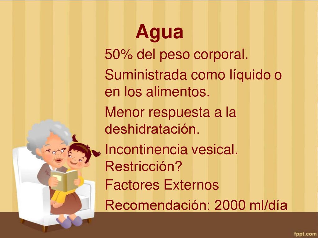 Agua 50% del peso corporal. Suministrada como líquido o