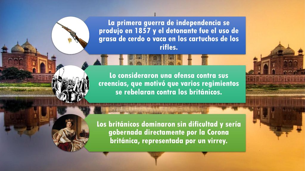 La primera guerra de independencia se produjo en 1857 y el detonante fue el uso de grasa de cerdo o vaca en los cartuchos de los rifles.
