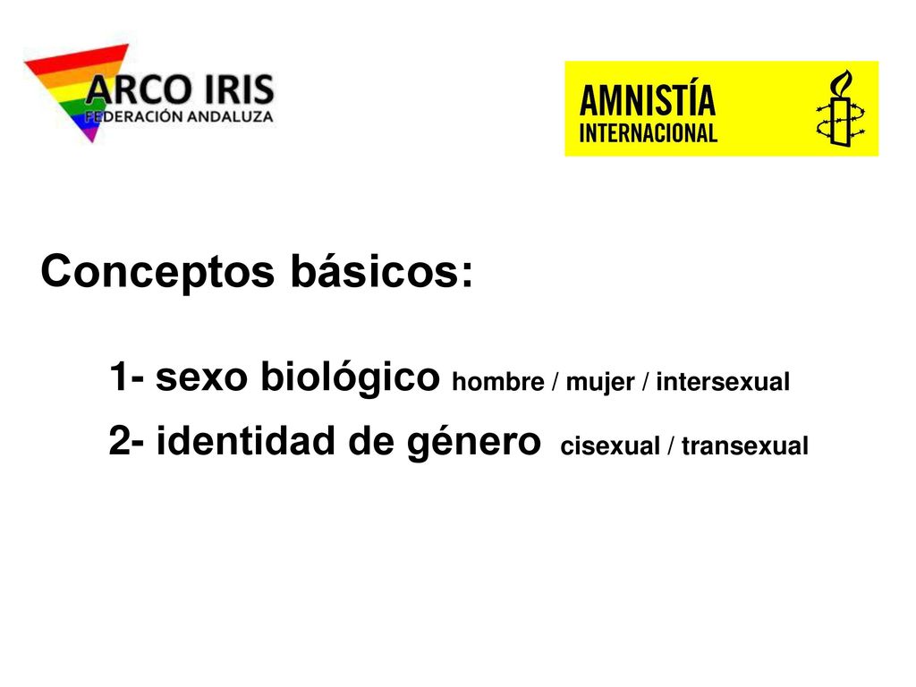 Conceptos básicos: 1- sexo biológico hombre / mujer / intersexual 2- identidad de género cisexual / transexual.