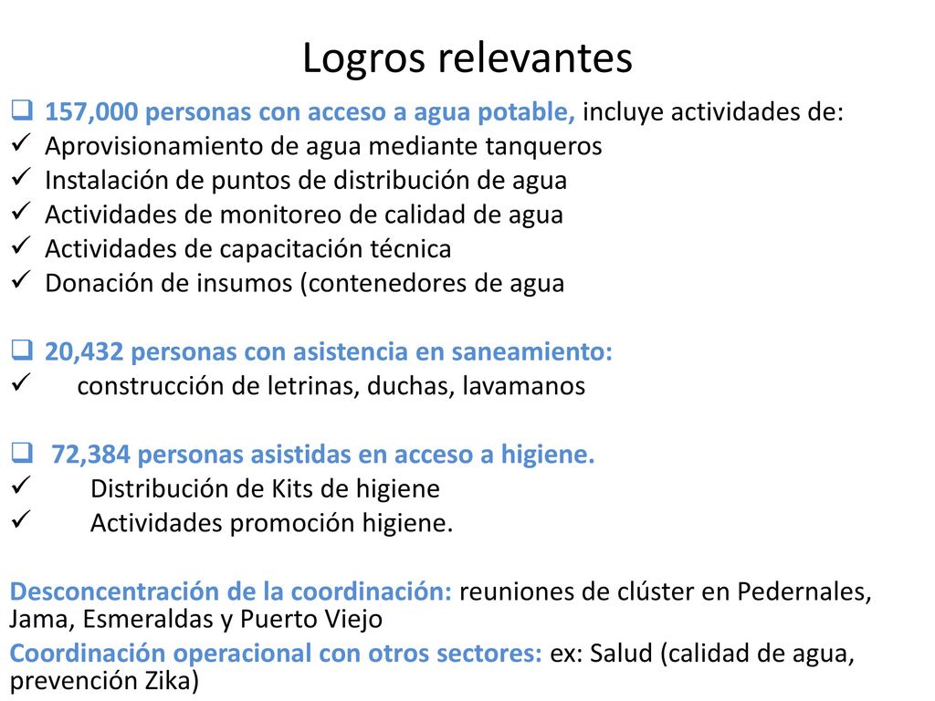 Logros relevantes 157,000 personas con acceso a agua potable, incluye actividades de: Aprovisionamiento de agua mediante tanqueros.
