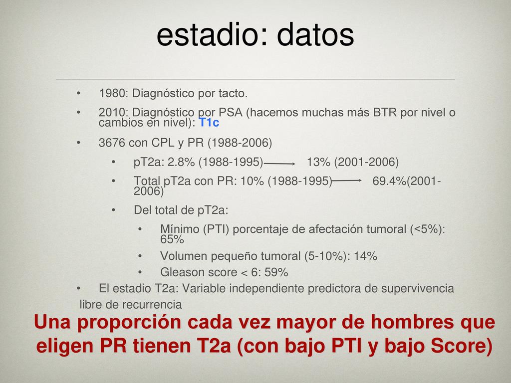 estadio: datos 1980: Diagnóstico por tacto. 2010: Diagnóstico por PSA (hacemos muchas más BTR por nivel o cambios en nivel): T1c.