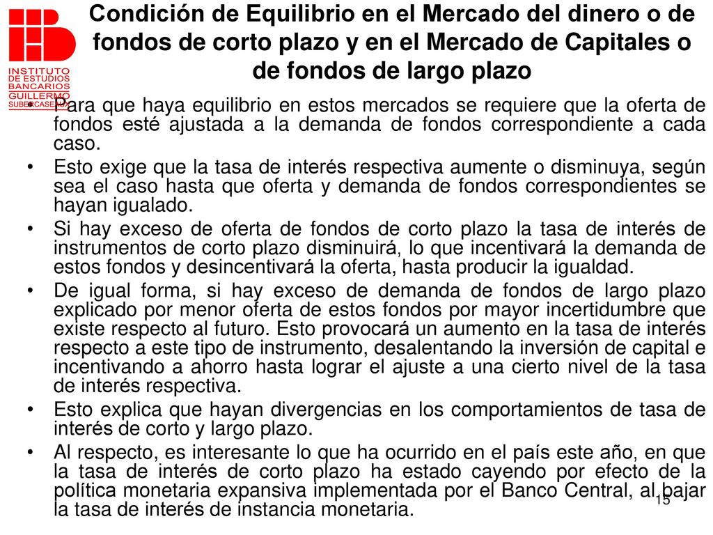Condición de Equilibrio en el Mercado del dinero o de fondos de corto plazo y en el Mercado de Capitales o de fondos de largo plazo