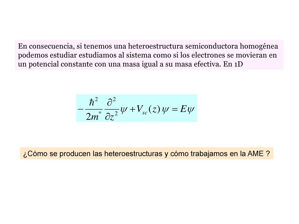 En consecuencia, si tenemos una heteroestructura semiconductora homogénea podemos estudiar estudiamos al sistema como si los electrones se movieran en un potencial constante con una masa igual a su masa efectiva. En 1D