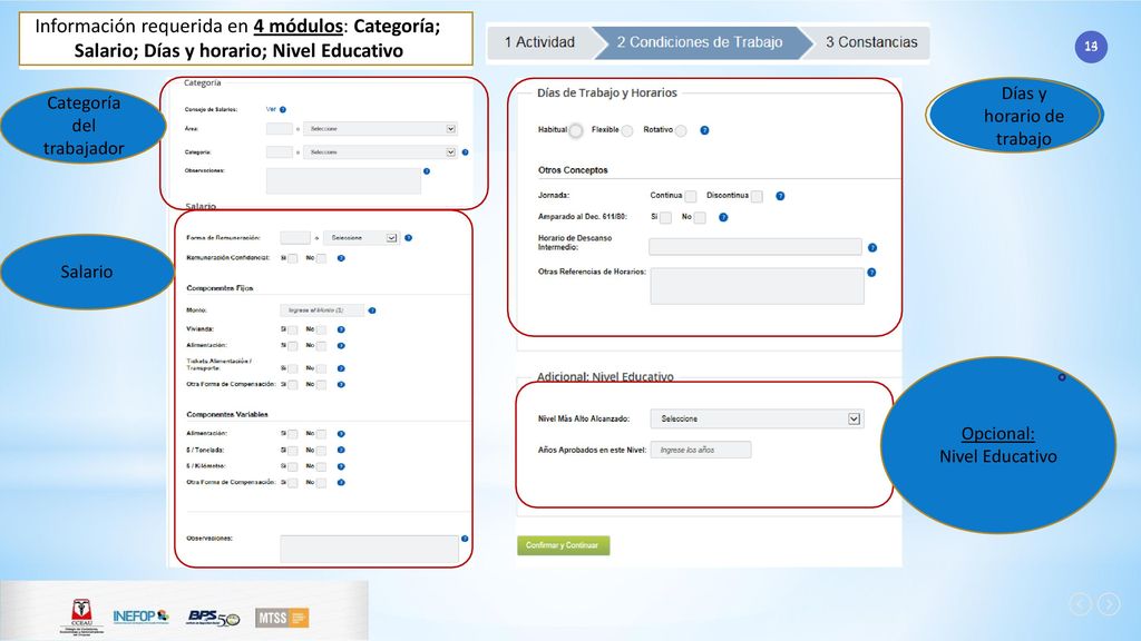 Información requerida en 4 módulos: Categoría; Salario; Días y horario; Nivel Educativo