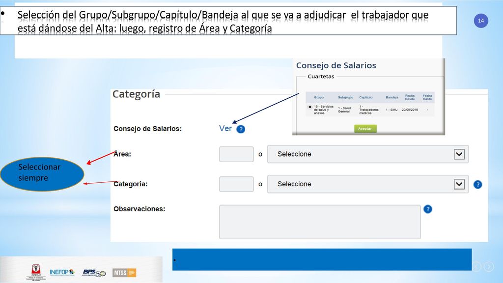 Selección del Grupo/Subgrupo/Capítulo/Bandeja al que se va a adjudicar el trabajador que está dándose del Alta: luego, registro de Área y Categoría