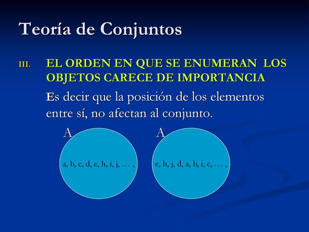 Teoría de Conjuntos EL ORDEN EN QUE SE ENUMERAN LOS OBJETOS CARECE DE IMPORTANCIA.