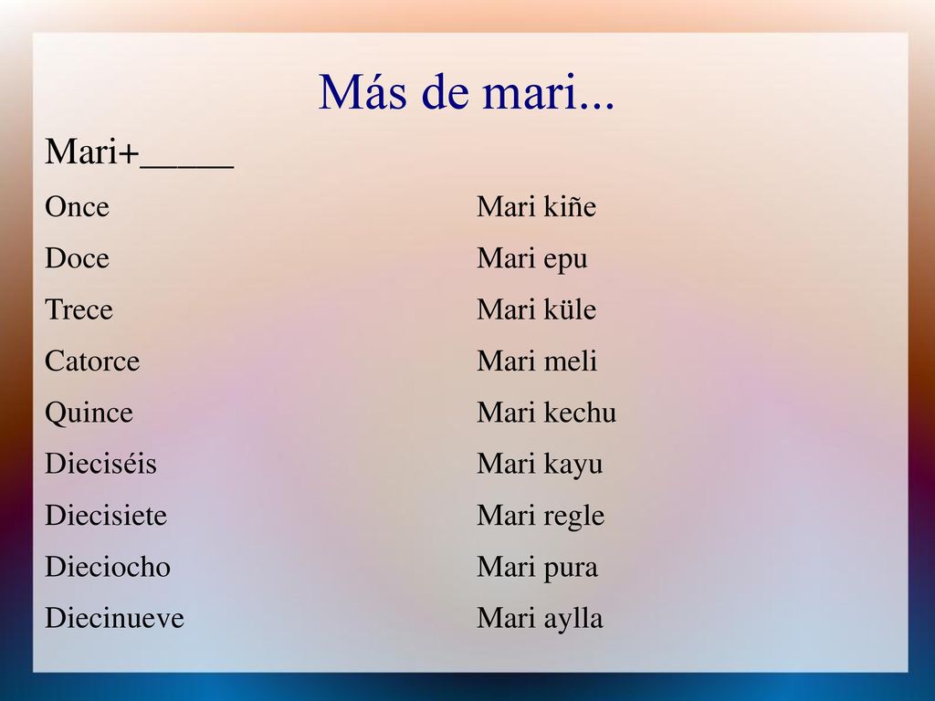 Más de mari... Mari+_____ Once Doce Trece Catorce Quince Dieciséis