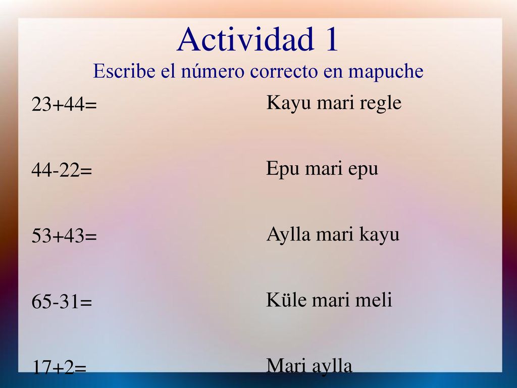 Actividad 1 Escribe el número correcto en mapuche