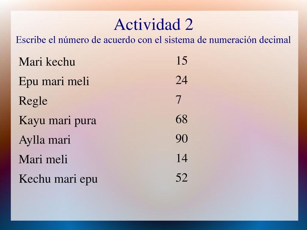 Actividad 2 Escribe el número de acuerdo con el sistema de numeración decimal