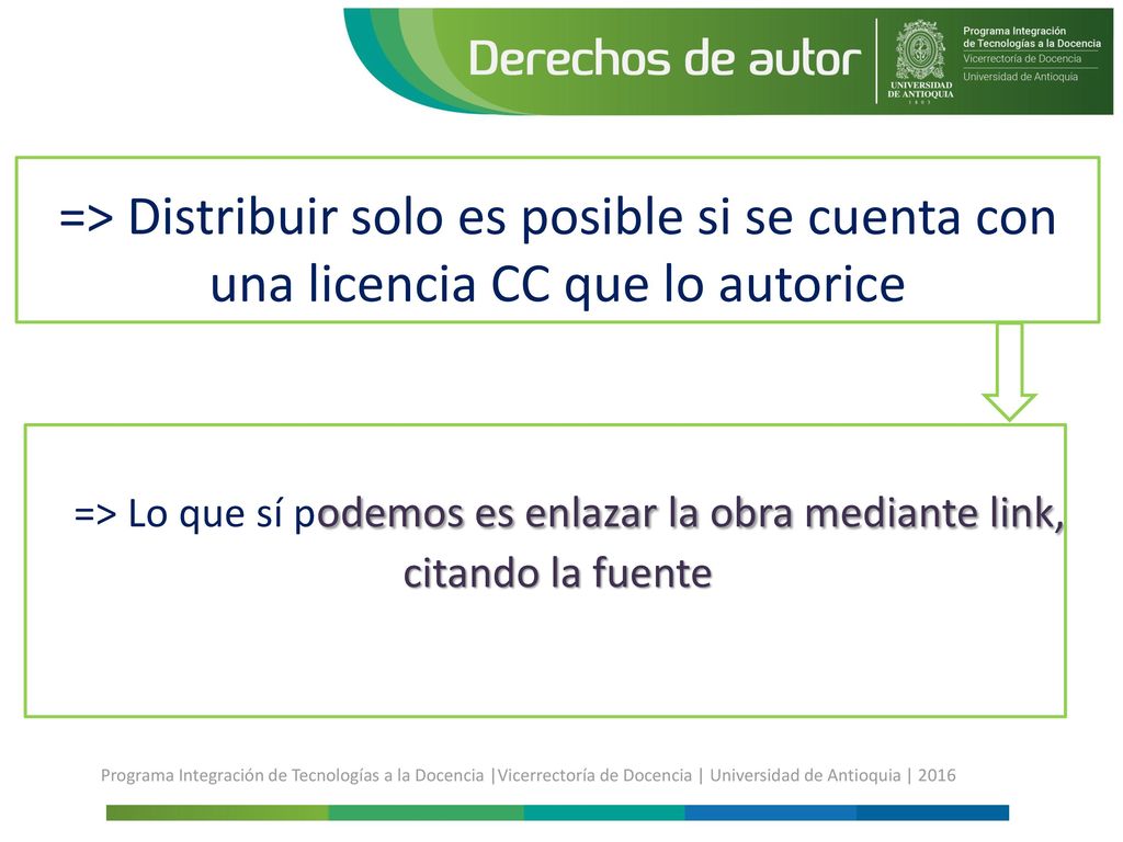 => Distribuir solo es posible si se cuenta con una licencia CC que lo autorice => Lo que sí podemos es enlazar la obra mediante link, citando la fuente