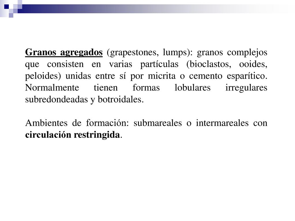 Granos agregados (grapestones, lumps): granos complejos que consisten en varias partículas (bioclastos, ooides, peloides) unidas entre sí por micrita o cemento esparítico. Normalmente tienen formas lobulares irregulares subredondeadas y botroidales.