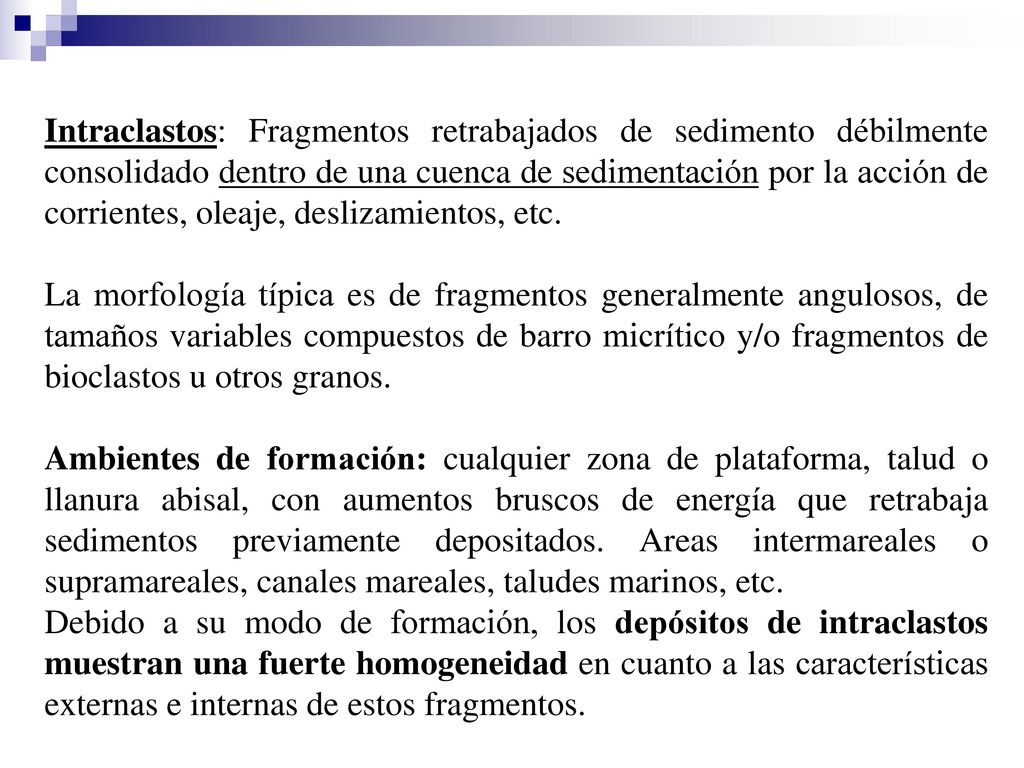 Intraclastos: Fragmentos retrabajados de sedimento débilmente consolidado dentro de una cuenca de sedimentación por la acción de corrientes, oleaje, deslizamientos, etc.