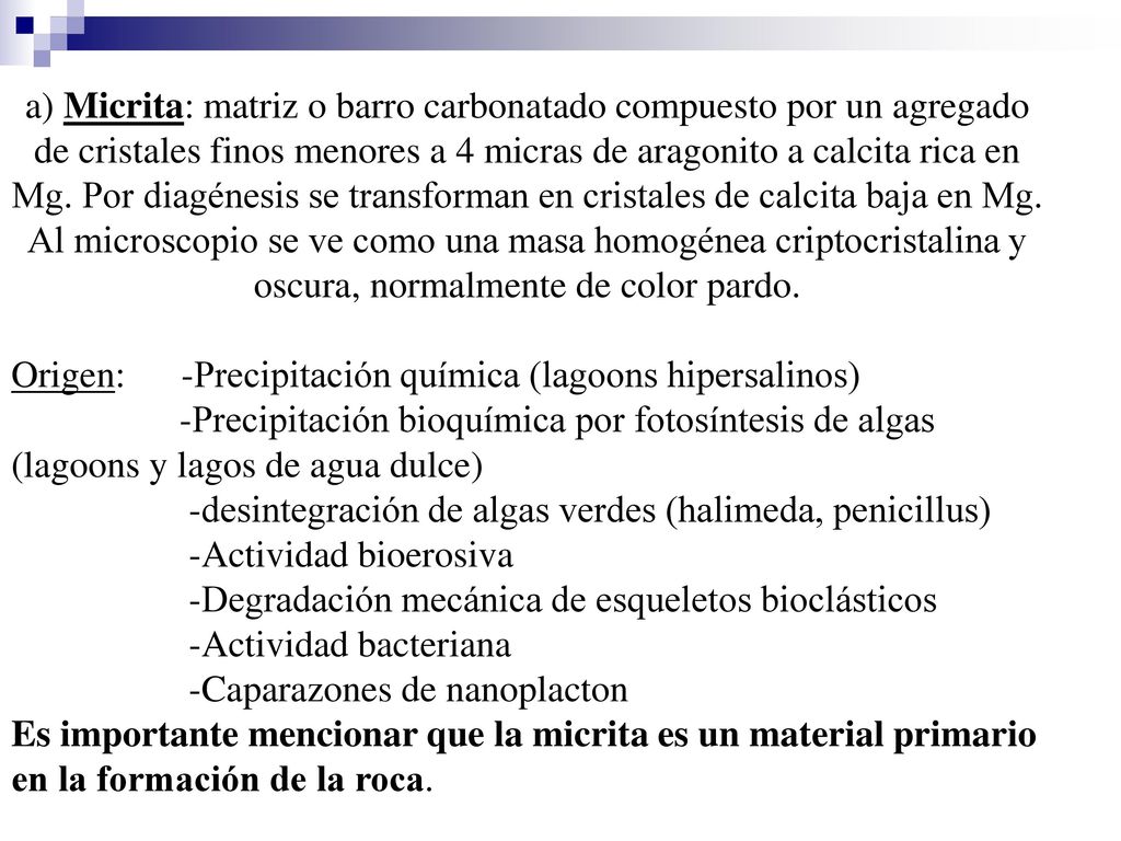 a) Micrita: matriz o barro carbonatado compuesto por un agregado de cristales finos menores a 4 micras de aragonito a calcita rica en Mg. Por diagénesis se transforman en cristales de calcita baja en Mg.