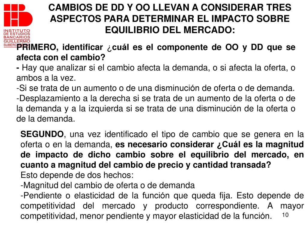 CAMBIOS DE DD Y OO LLEVAN A CONSIDERAR TRES ASPECTOS PARA DETERMINAR EL IMPACTO SOBRE EQUILIBRIO DEL MERCADO: