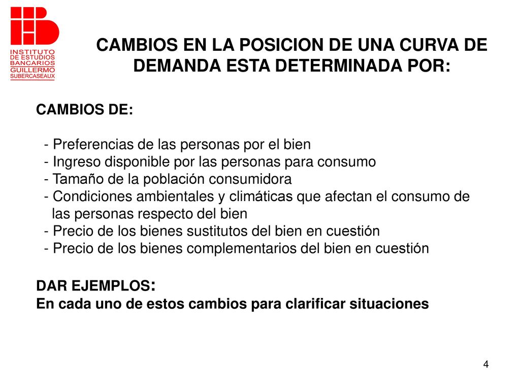 CAMBIOS EN LA POSICION DE UNA CURVA DE DEMANDA ESTA DETERMINADA POR: