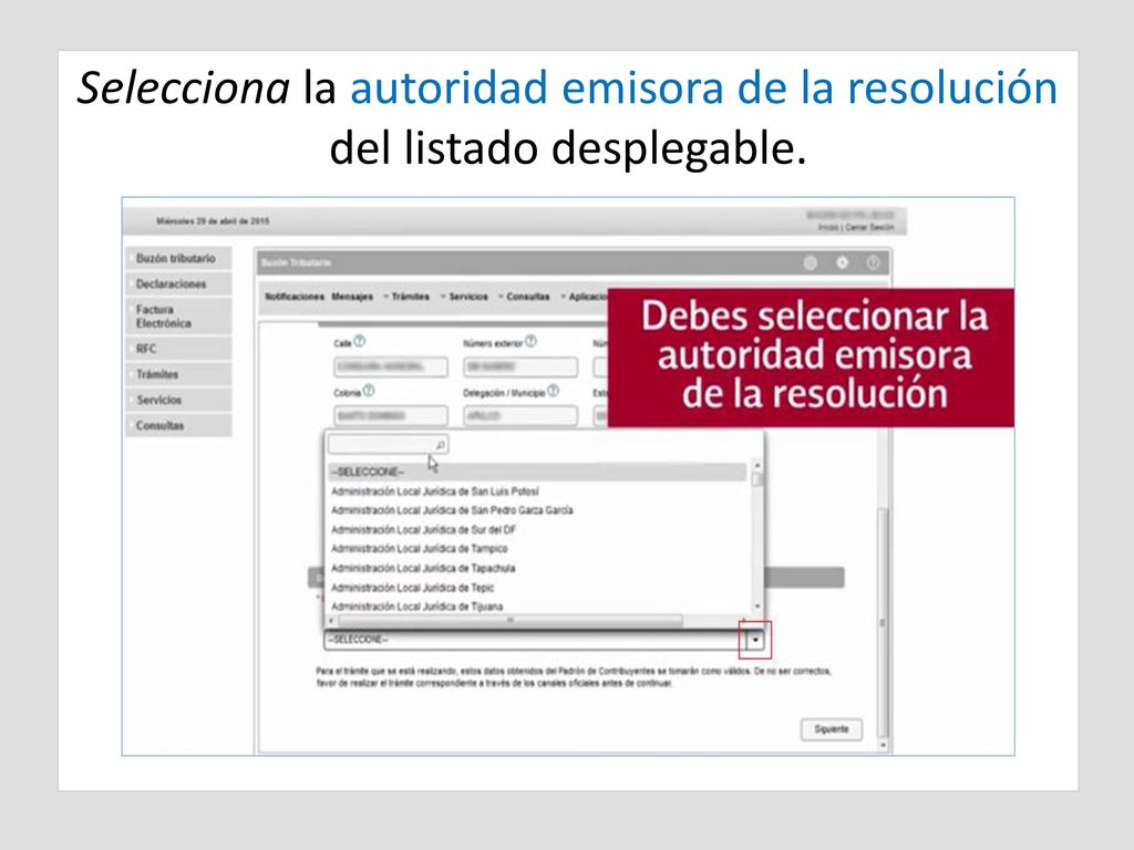 Selecciona la autoridad emisora de la resolución del listado desplegable.