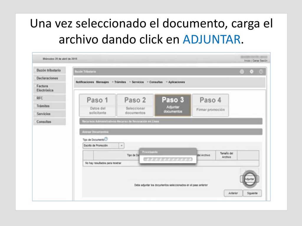 Una vez seleccionado el documento, carga el archivo dando click en ADJUNTAR.