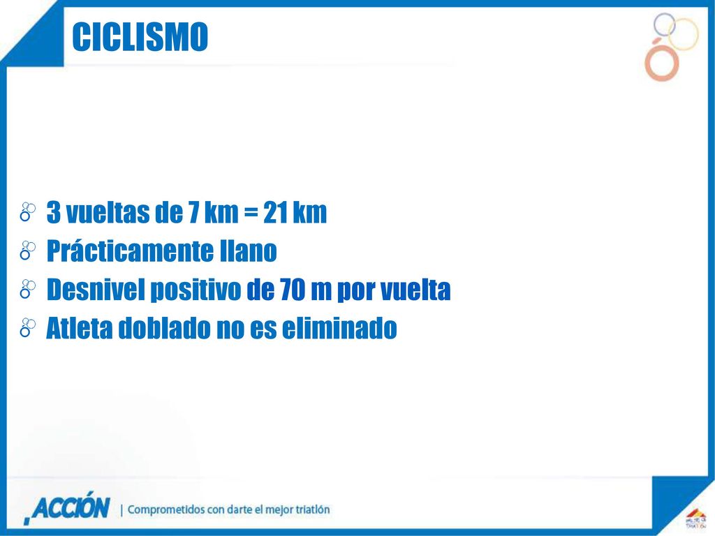 ciclismo 3 vueltas de 7 km = 21 km Prácticamente llano