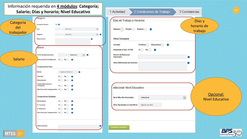 Información requerida en 4 módulos: Categoría; Salario; Días y horario; Nivel Educativo