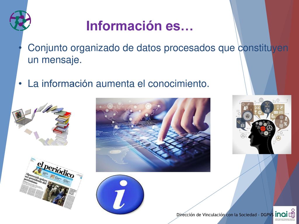 Información es… Conjunto organizado de datos procesados que constituyen un mensaje. La información aumenta el conocimiento.