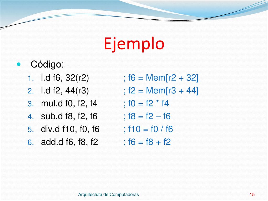 Ejemplo Código: l.d f6, 32(r2) ; f6 = Mem[r2 + 32]