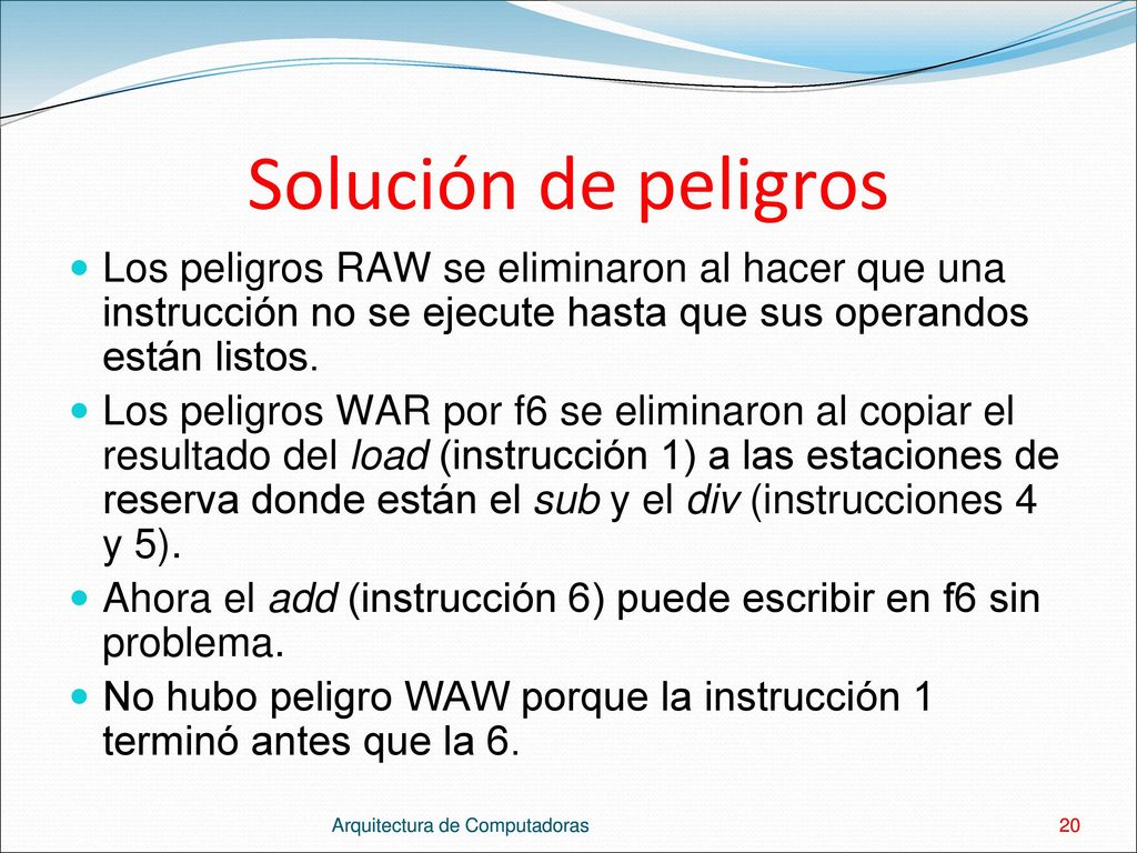 Solución de peligros Los peligros RAW se eliminaron al hacer que una instrucción no se ejecute hasta que sus operandos están listos.