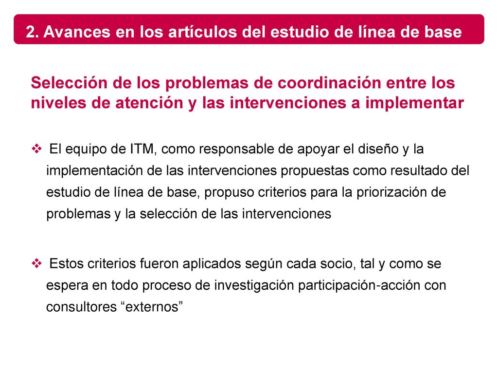 2. Avances en los artículos del estudio de línea de base
