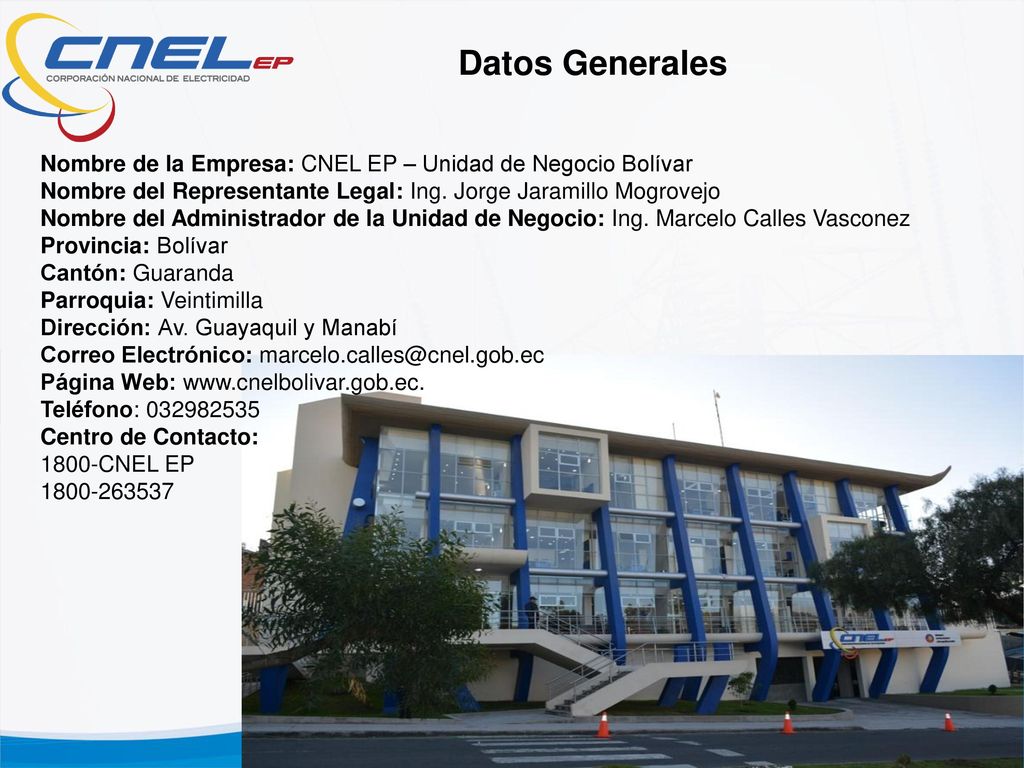 Datos Generales Nombre de la Empresa: CNEL EP – Unidad de Negocio Bolívar. Nombre del Representante Legal: Ing. Jorge Jaramillo Mogrovejo.