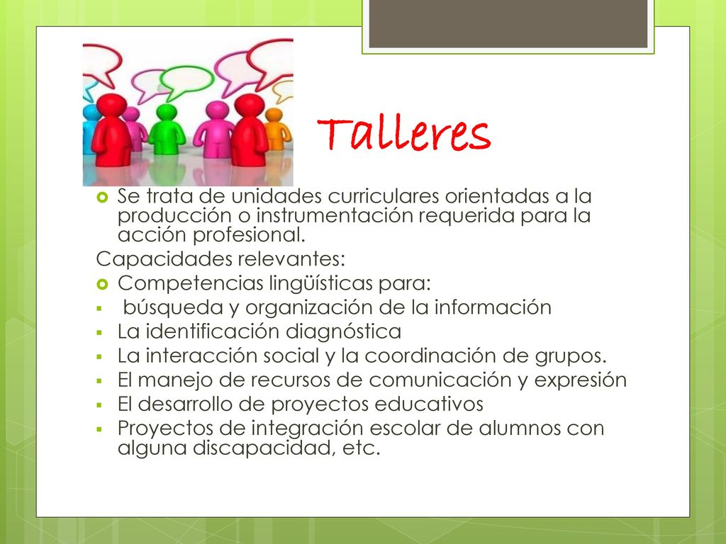 Talleres Se trata de unidades curriculares orientadas a la producción o instrumentación requerida para la acción profesional.