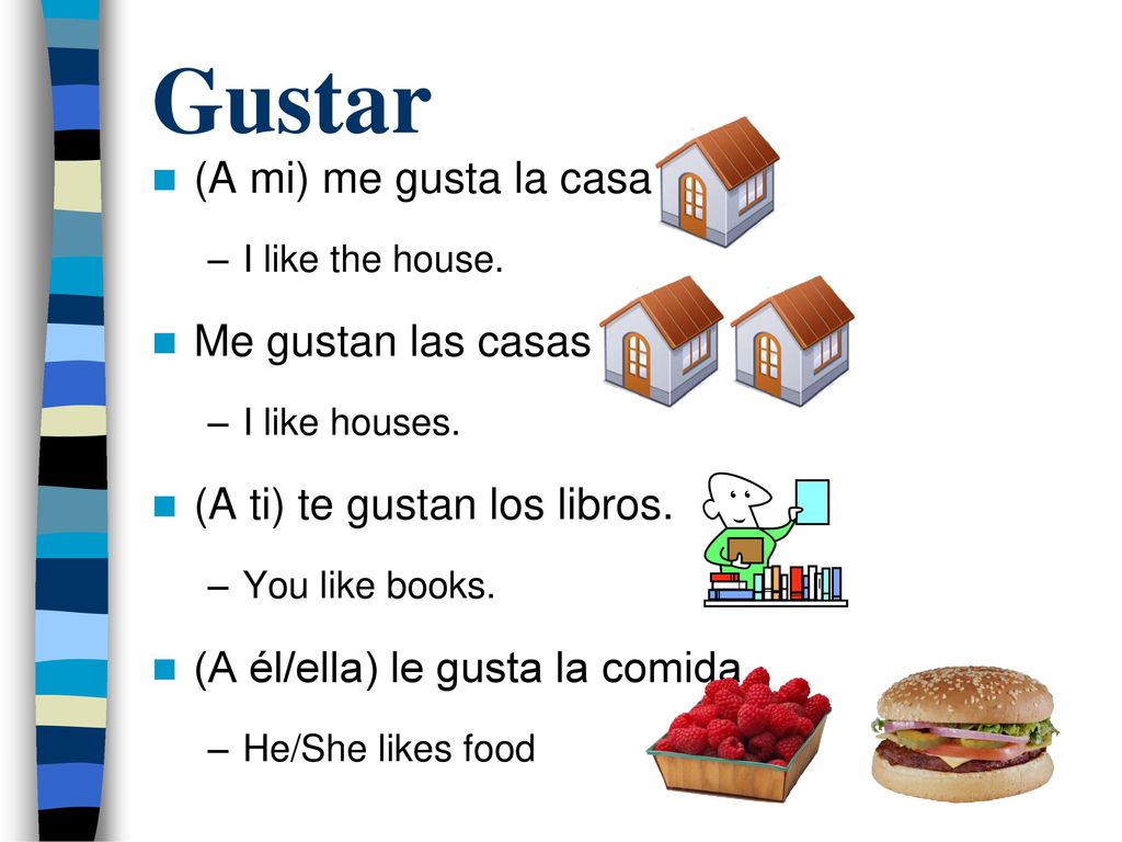 Gustar (A mi) me gusta la casa Me gustan las casas