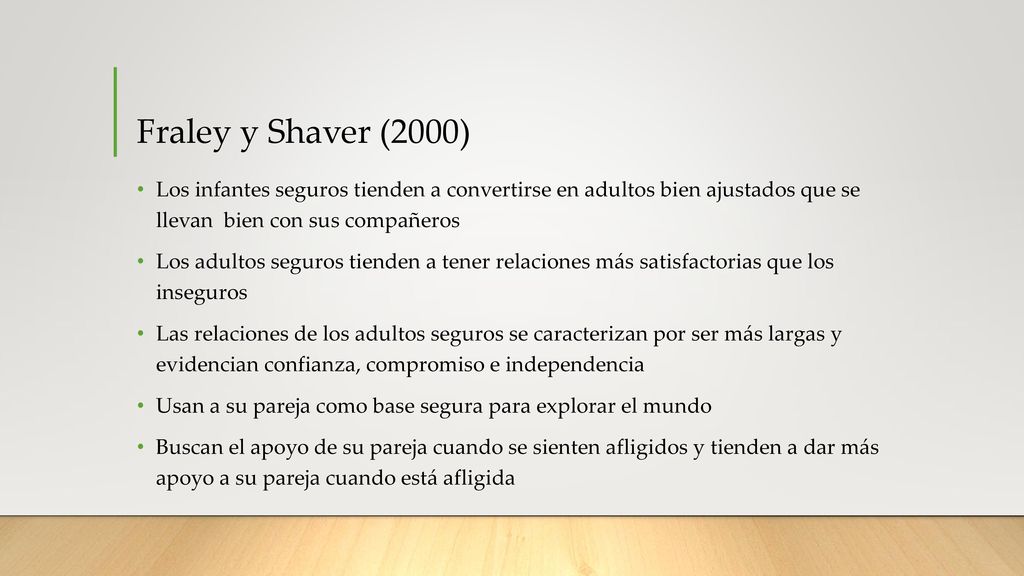 Fraley y Shaver (2000) Los infantes seguros tienden a convertirse en adultos bien ajustados que se llevan bien con sus compañeros.