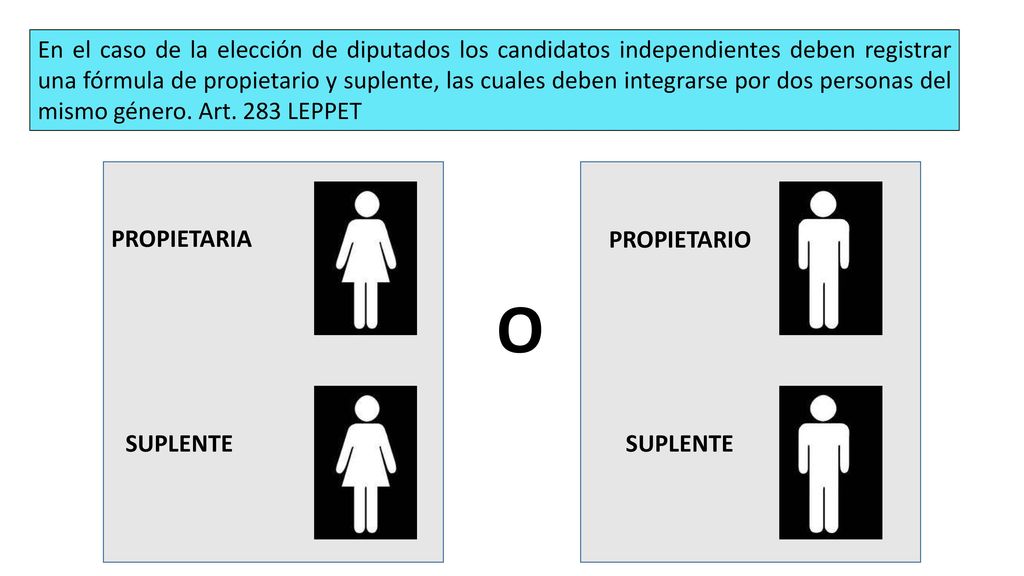 En el caso de la elección de diputados los candidatos independientes deben registrar una fórmula de propietario y suplente, las cuales deben integrarse por dos personas del mismo género. Art. 283 LEPPET
